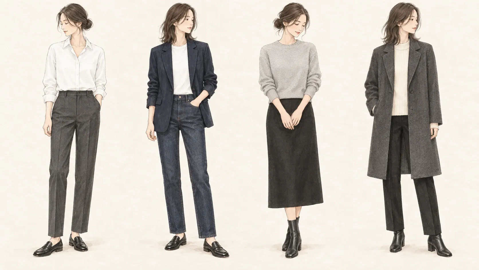左から白シャツとパンツ、紺ジャケットとデニム、グレーニットと黒スカート、チャコールコートと黒パンツの4コーデ