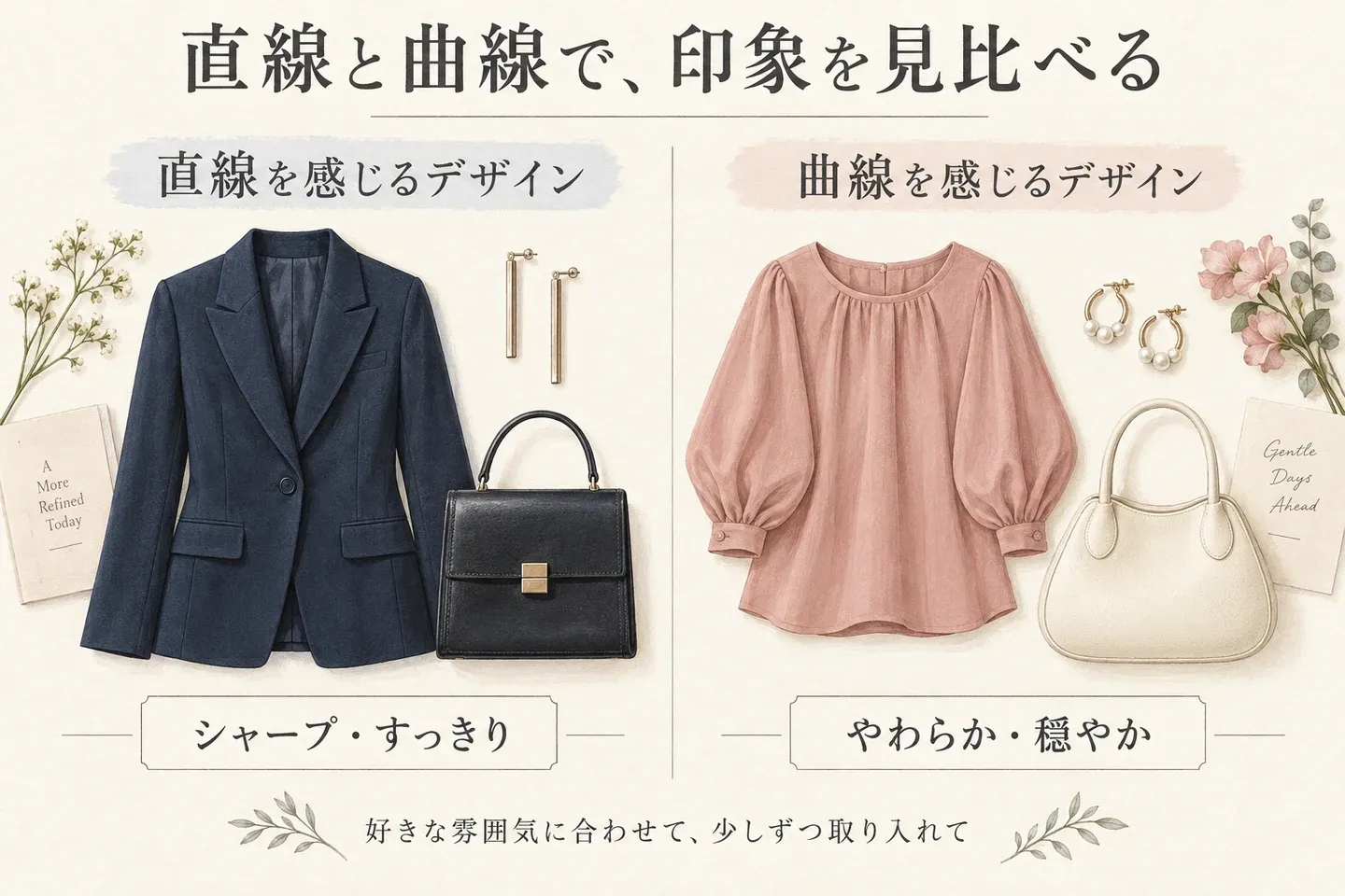 シャープな直線の服や小物と、やわらかな曲線の服や小物の比較