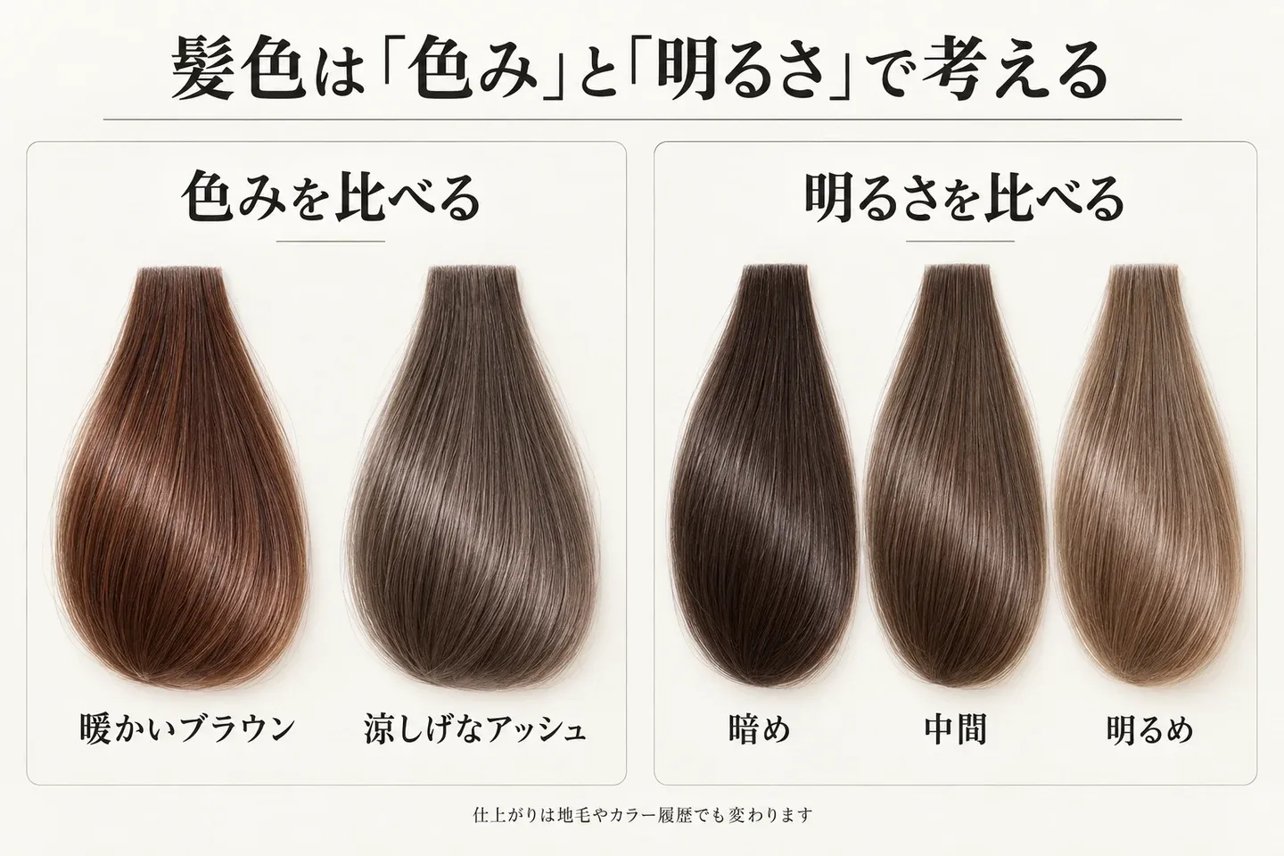 ブラウンとアッシュの色み、暗めから明るめまでの髪色を並べた比較図