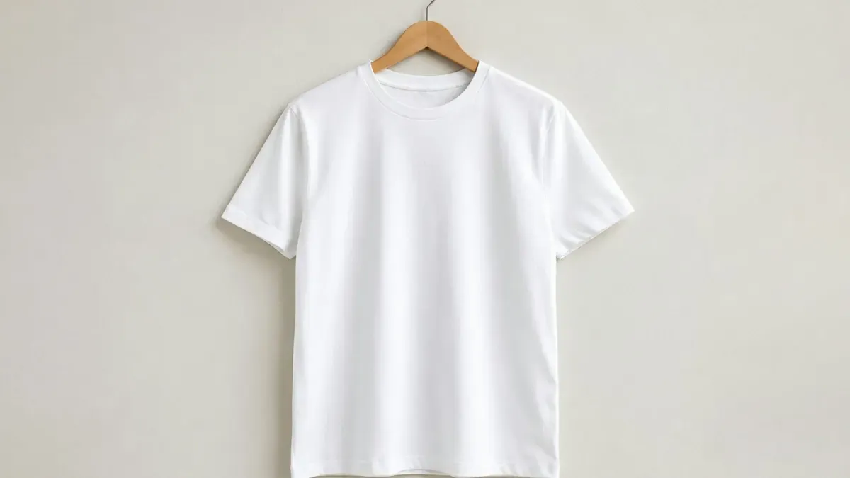 木のハンガーに掛けた無地の白いTシャツ