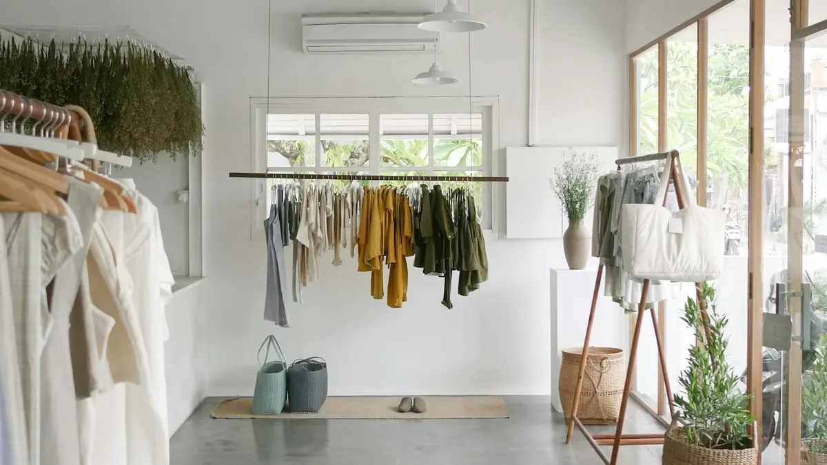 白い服が並ぶ明るい店内