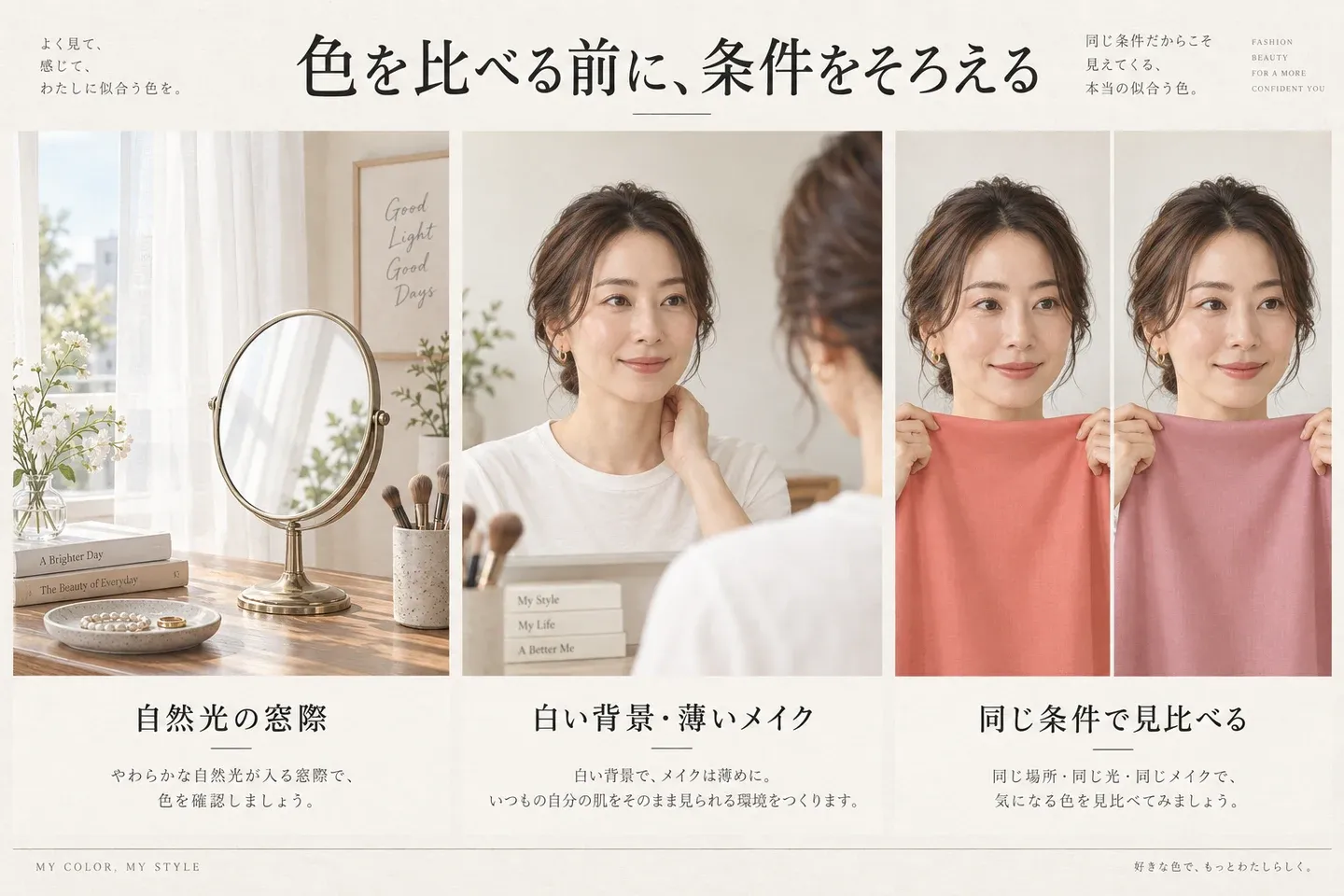 自然光の窓際、白い背景と薄いメイク、同じ条件で色布を比べる3つの準備