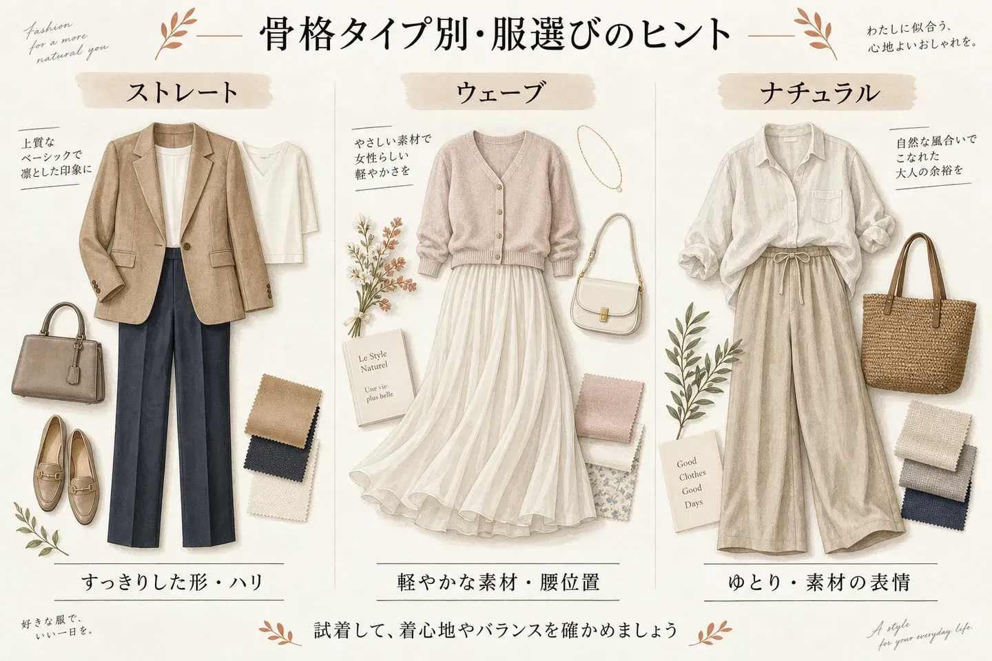 ストレートはハリのある服、ウェーブは軽やかな素材、ナチュラルはゆとりのある服のコーデ例